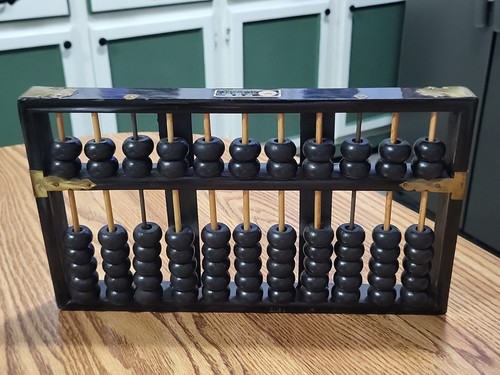 Vintage Chinese Abacus Wood And Brass 11 Rows 2 Rofs 77 Beads Lotus Flower Brand - Picture 2 of 20