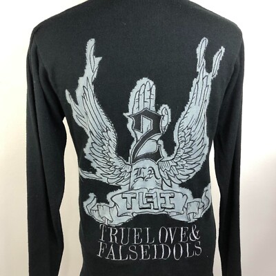 True Love & False Idols Black V-Neck Women's Long Sleeve Graphic Sweater M EUC