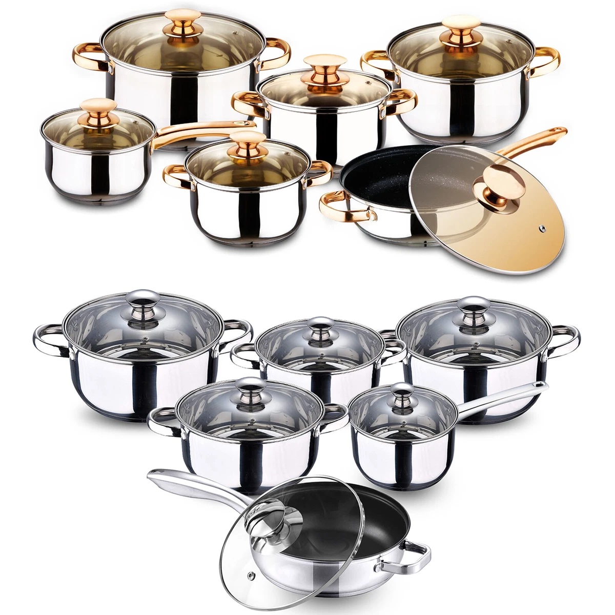 STAINLESS STEEL 12 Pcs INDUCTION HOB CASSEROLE POT COOKWARE