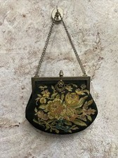 Antique Needlepoint Evening Bag Floral Brass Tone Hardware Black Roses P4