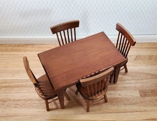 Dollhouse Kitchen Table with 4 Chairs Walnut Finish 1:12 Scale Furniture