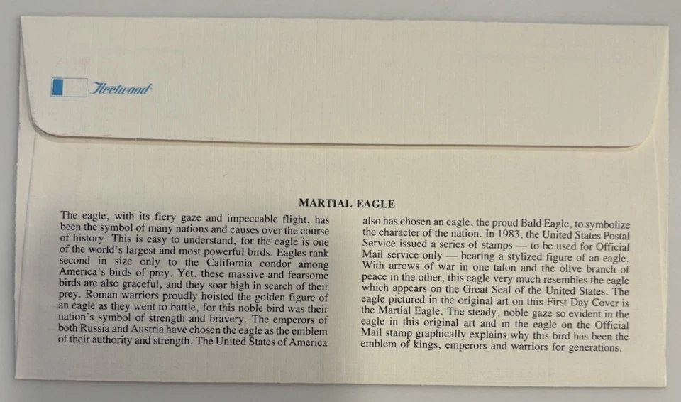 “Martial Eagle” 1983 United States Stamp First Day Of Issue Cover - Image 2 of 2