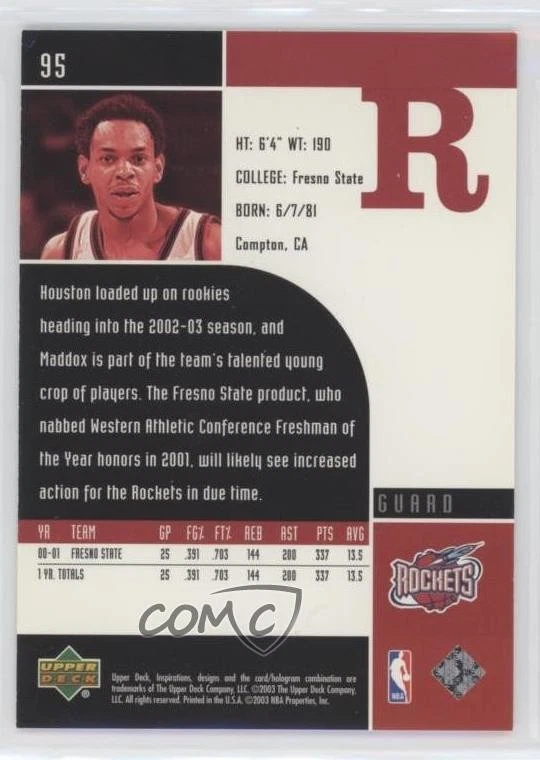 2002-03 Upper Deck Inspirations Tito Maddox Steve Francis #95 Rookie RC - Image 2 of 2