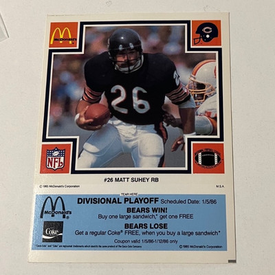 1985 McDonald's Chicago Bears Matt Suhey Blue w Tab Estate Find Cabinet Stored