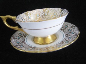 Vintage Royal Stafford Bone China Teacup & Saucer ~ Gold & Aqua Chintz ~ England