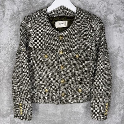 CELINE Tweed Jacket Womens Small Collarless Green White Wool Mohair Paris France