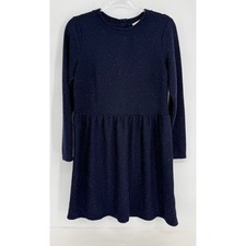 LOFT Petites Navy Blue Ribbed Knit Flecked Fit and Flare Back Button Dress Sz MP