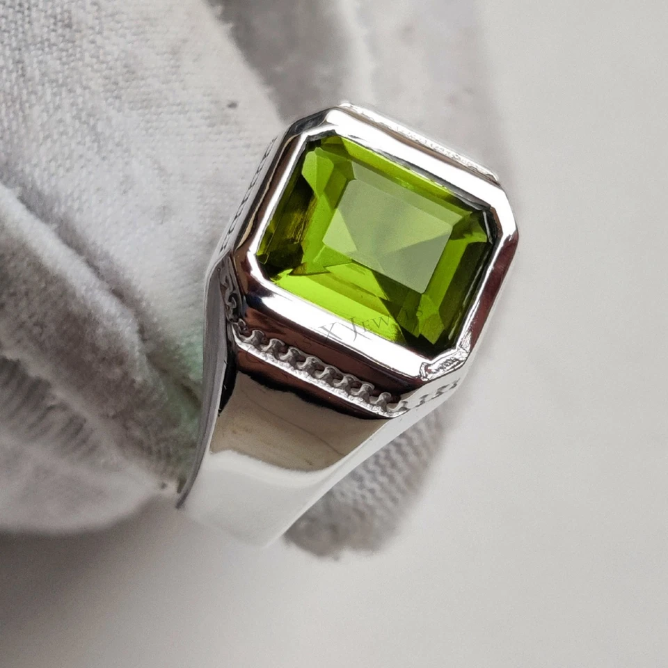 Anel masculino de prata esterlina 925 feito à mão com pedra preciosa peridoto verde natural - Imagem 3 de 4