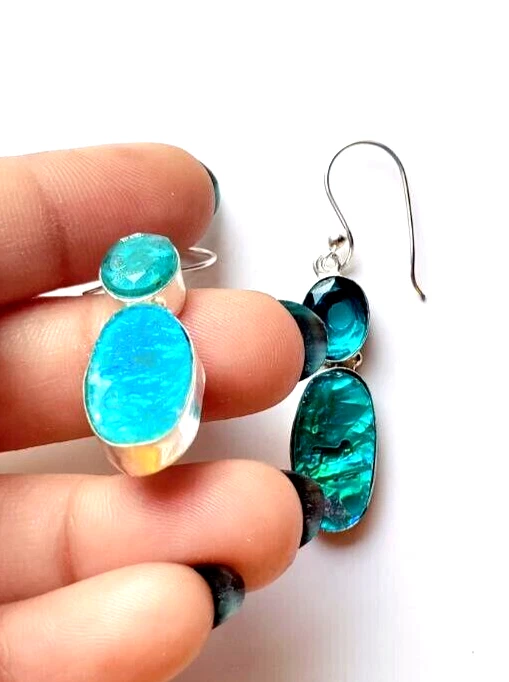 Australian Triplet Fire Opal Gemstone 925 Sterling Silver Jewelry Earrings 1.80" - Image 4 of 4