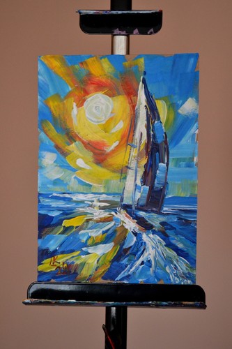Original Sailboat Painting 6x9 OOAK Signed Acrylic Seascape on Cardboard Art - Picture 4 of 9