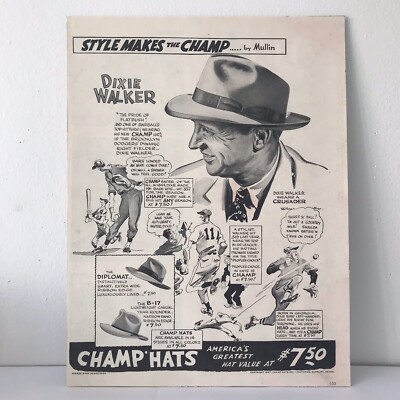 Vintage Champ Hats Ad 1947 Dixie Walker 
