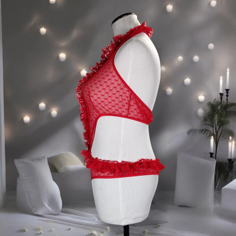 Vintage Fredericks of Hollywood Trashy Teddy Bodysuit Lingerie Size L Heart Mesh - Image 4 of 4