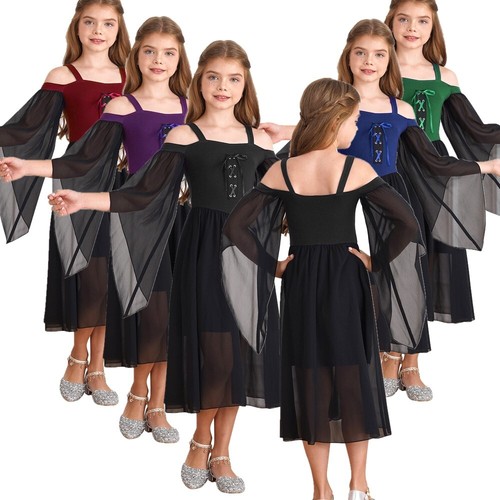 Girls Medieval Renaissance Princess Cold Shoulder Gothic Victorian Maxi AU - Picture 4 of 60