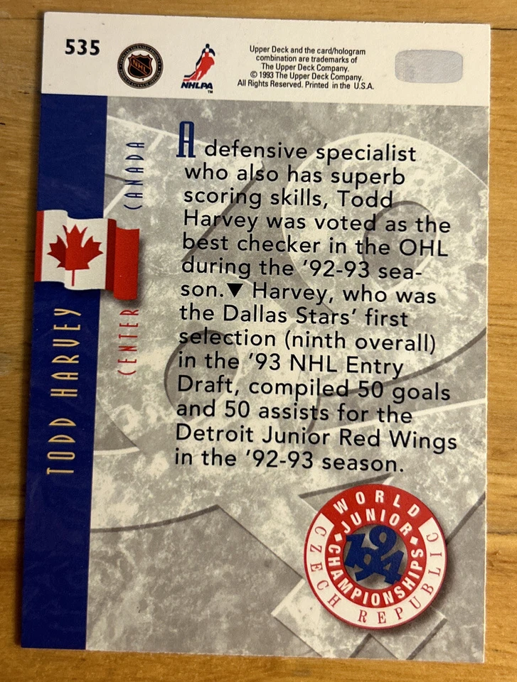 1993-94 Upper Deck Todd Harvey Hockey Rookie Card (RC) #535 World Junior Champs - Image 2 of 2