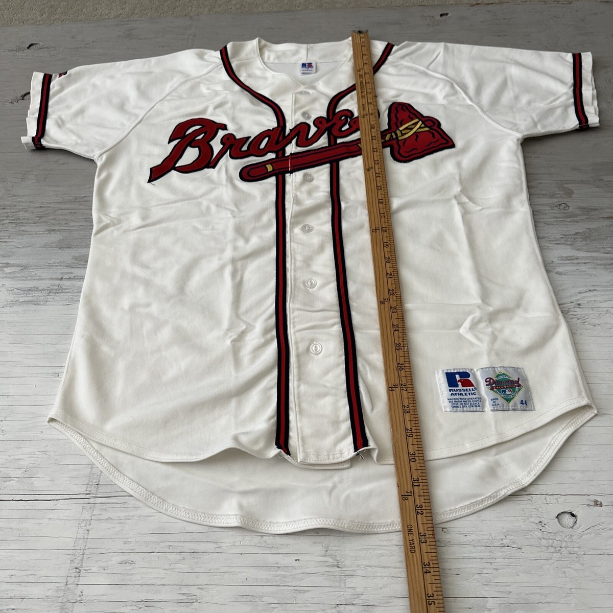 Russell Athletic Men's Braves Jersey Size L White Logo Button Down Short  Sleeve