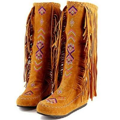 Women's Embroidered Indian Moccasins Knee High Boot Tassels Shoes