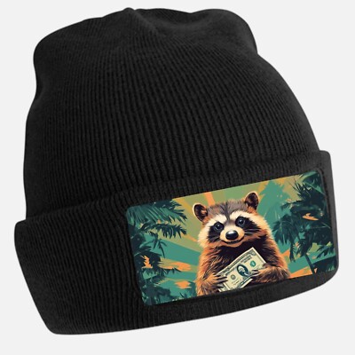 Black Beanie Hat with Cool Raccoon Money Motif - Unisex Cap, Cotton