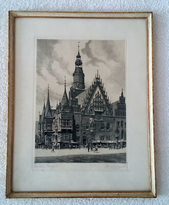 Radierung ''Prof. ALBRECHT BRUCK'' 1874-1964 RATHAUS von BRESLAU 38x30cm
