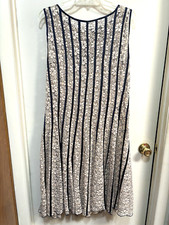 Lace Striped Dress SZ 12 Floral Blue and Cream With Zipper Fit Flare SLNY