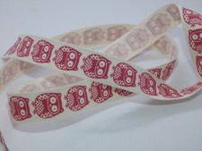 2m x 15mm Red Owls on Natural Cotton Ribbon.