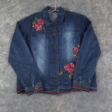 Hannah Jacket Womens Small Blue Denim Floral Long Sleeve Button Up Embroidered