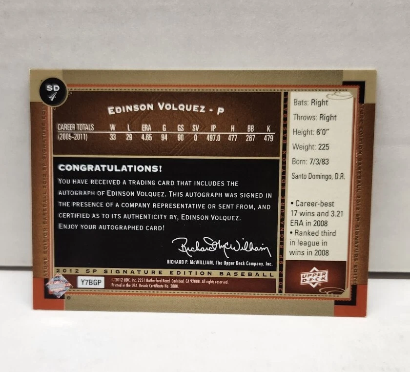 EDINSON VOLQUEZ 2012 SP Signature Autograph ~ AUTO ~ San Diego PADRES - Image 2 of 2