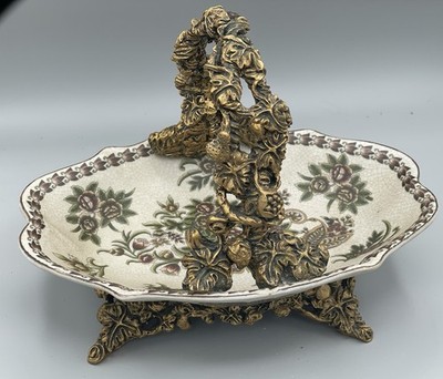 Antique Porcelain Basket Flowers Ornate Nice! 10  Oval w/ Legs & Handle