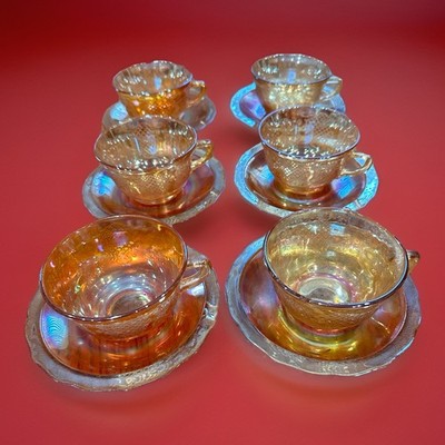 Normandie Bouquet & Lattice Marigold Carnival Glass Tea Cups Saucers Set Of 6