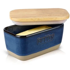 Ceramic Butter Dish with Lid for Countertop, Airtight Butter Keeper with Wood...
