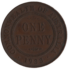 1933 Australia One Penny – George V Bronze Coin Australian Pre Decimal
