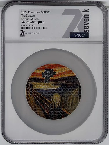 The Scream Edvard Munch So Puzzle Art 2022 Cameroon 3 oz Silver Coin NGC MS 70