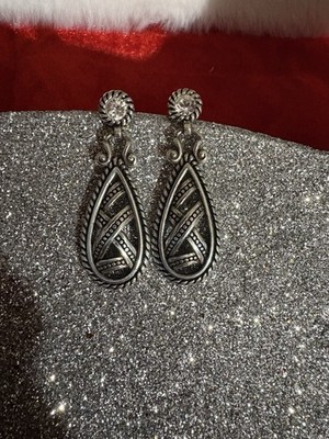 Brighton Silver Tone Teardrop Dangle Earrings Crystal Stud Rope Scroll Design 