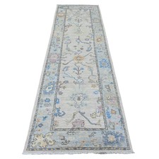 3'x10'1" White Angora Oushak Vines Design Hand Knotted Wool Runner Rug R89926