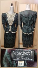 Vtg 80s Cachet By Bari Protas Skirt Suit GrnFloral On Brn w/ Lace sz11/12 EUC