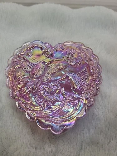 Fenton Pink Iridescent Glass Heart Shaped Trinket Box w/ Hummingbirds