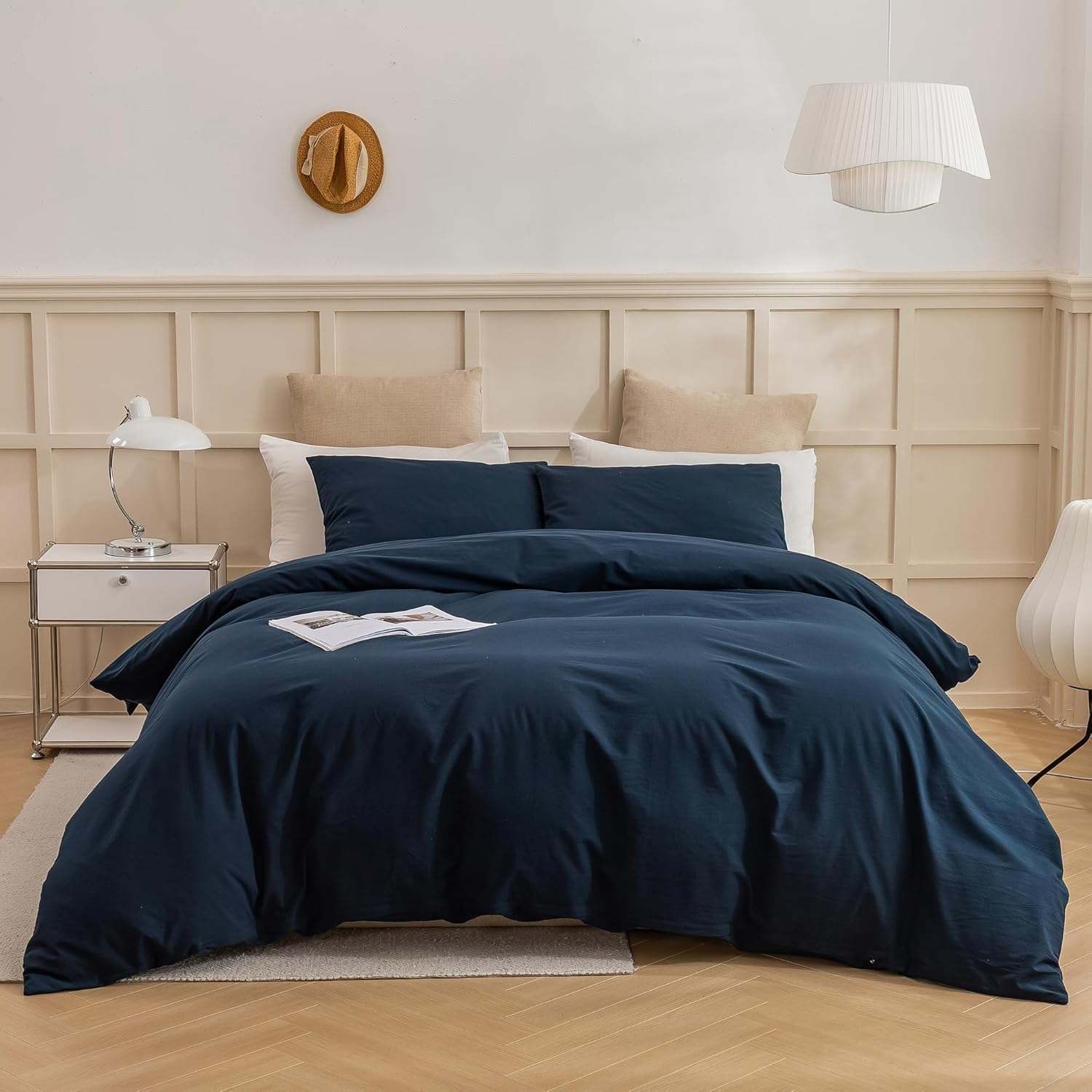 Navy Blue Duvet Cover King, 100% Washed Cotton 3 Piece Bedding Set 1 Duvet Cover