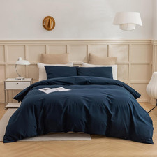 Navy Blue Duvet Cover King, 100 Washed Cotton 3 Piece Bedding Set 1 Duvet Cover