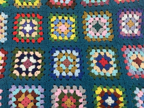 Vintage Handmade Crochet Afghan Granny Square Cottage 60x48 Blanket Pillow