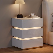 Homary Modern Bedside Table LED Lighting USB Charging Station 3 Drawers White