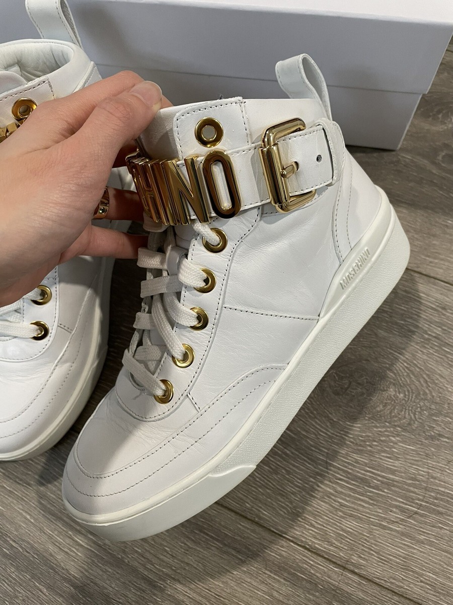 Moschino Logo White Leather High Top Sneakers Size 6 Gold