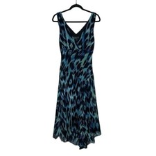 Connected Apparel Chiffon Midi Dress Size 10 Blue Abstract Print Party Y2K
