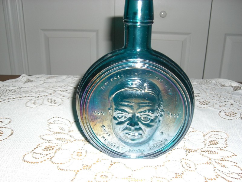 Vintage 7 3/4" Tall WHEATON Blue Glass Herbert Hoover Bottle - Nice Condition