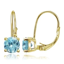 Yellow Gold Flashed Sterling Silver Blue Topaz 6mm Round Leverback Earrings
