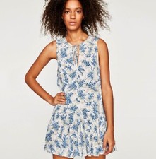 Zara Trafaluc White Blue Floral Romper Dress Size Medium