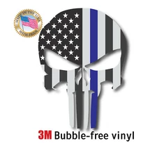 SKULL AMERICAN FLAG POLICE THIN BLUE LINE LIFE STICKER DECAL USA MADE