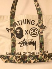 A BATHING APE BAPE Stussy Nylon Tote Bag Pouch Beige camouflage Band Rare