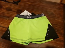 NWT ADULT S GK ELITE BLACK  NEON GREEN RHINESTONE CHEER DANCE GYMNASTICS SHORTS