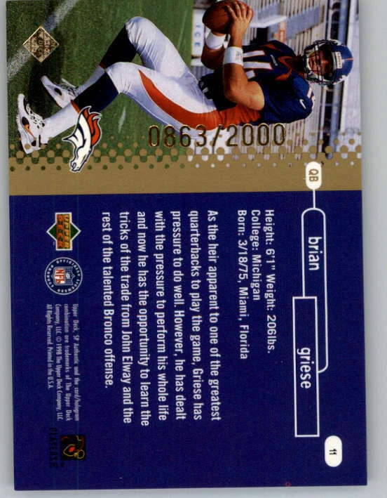 1998 SP Authentic #11 Brian Griese RC 2000 (ref 159004) - Image 2 of 2