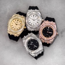 MEN'S WATCH ICED SILICONE BAND LUXURY SIMULATED DIAMOND BLING OCTAGON BEZEL