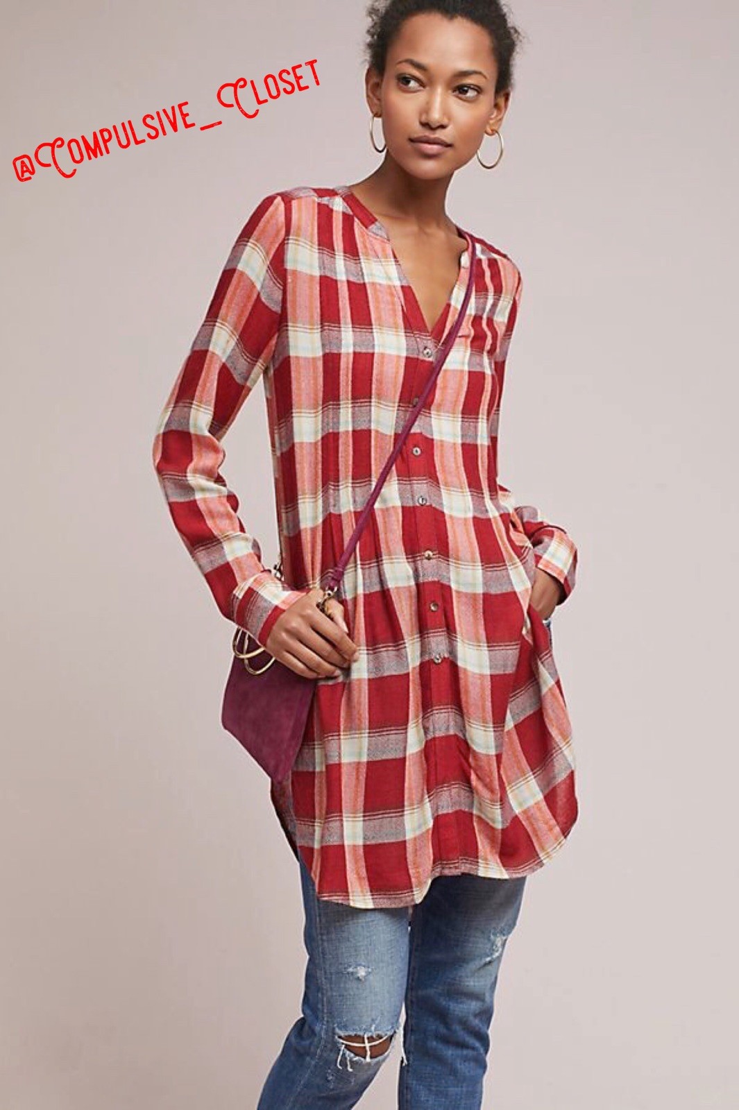 ANTHROPOLOGIE Akemi + Kin Lucie Red Plaid Oversized Blouse Tunic Top XS NWT $118